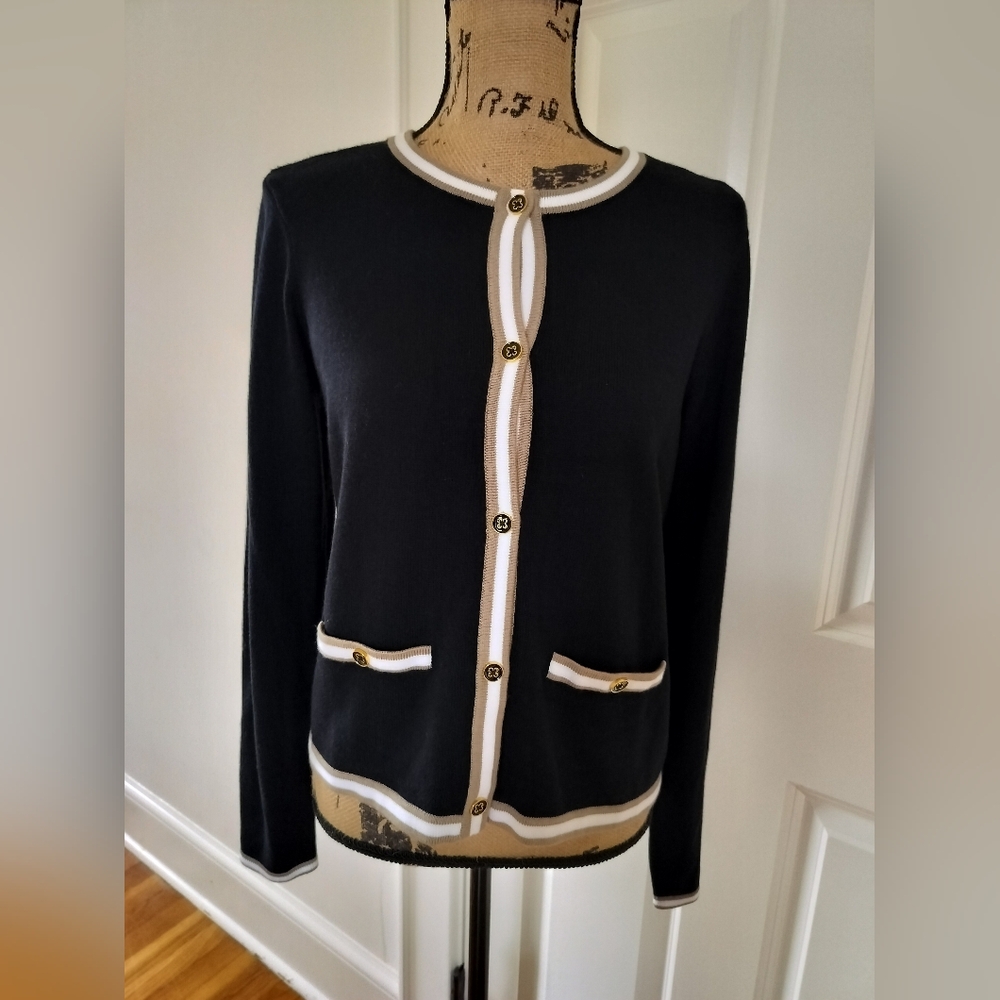 Joan Rivers Black Cardigan with White Trim and Gold Buttons Size M